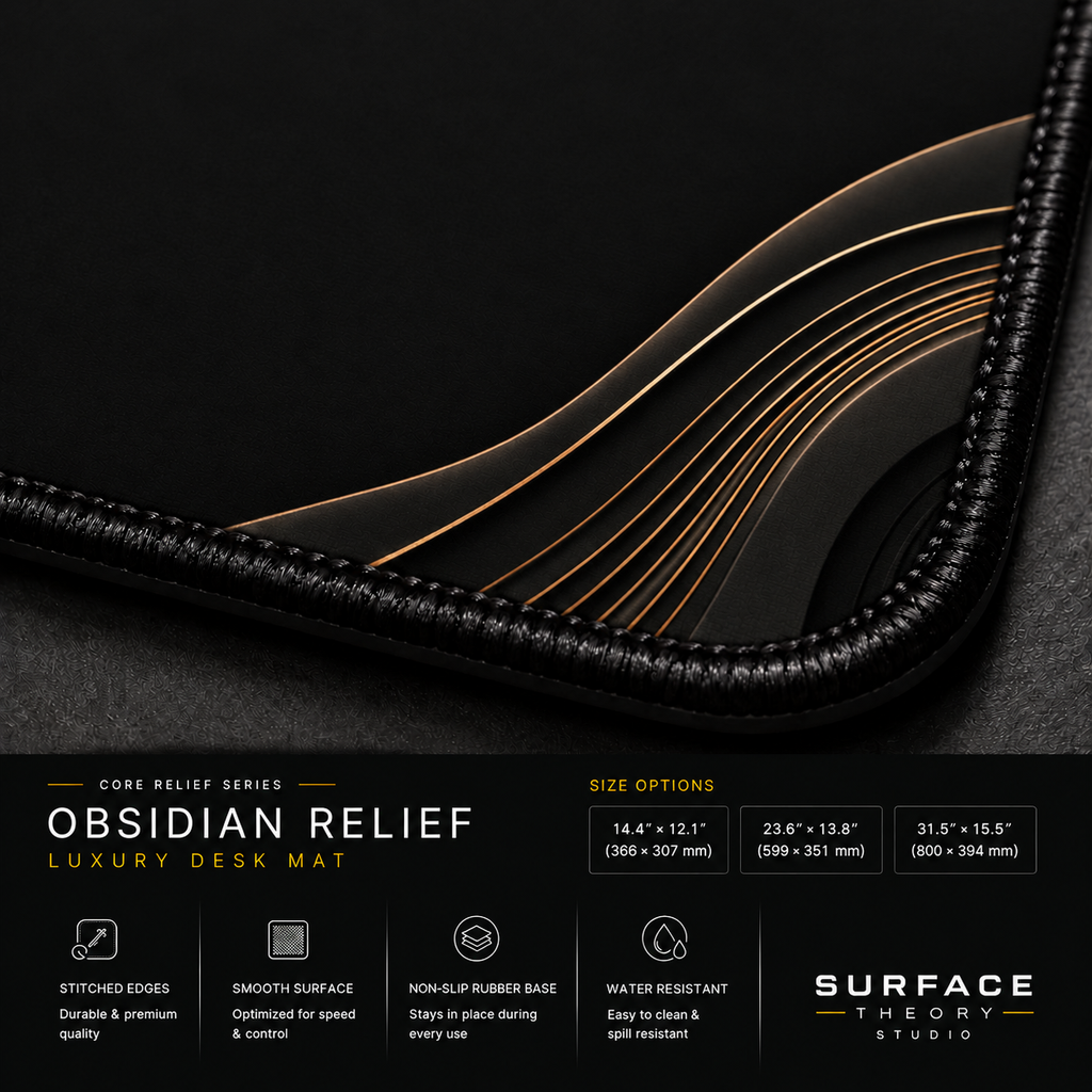 Close-up of Obsidian Relief printed artwork and black stitched corner.