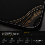 Close-up of Obsidian Relief printed artwork and black stitched corner.