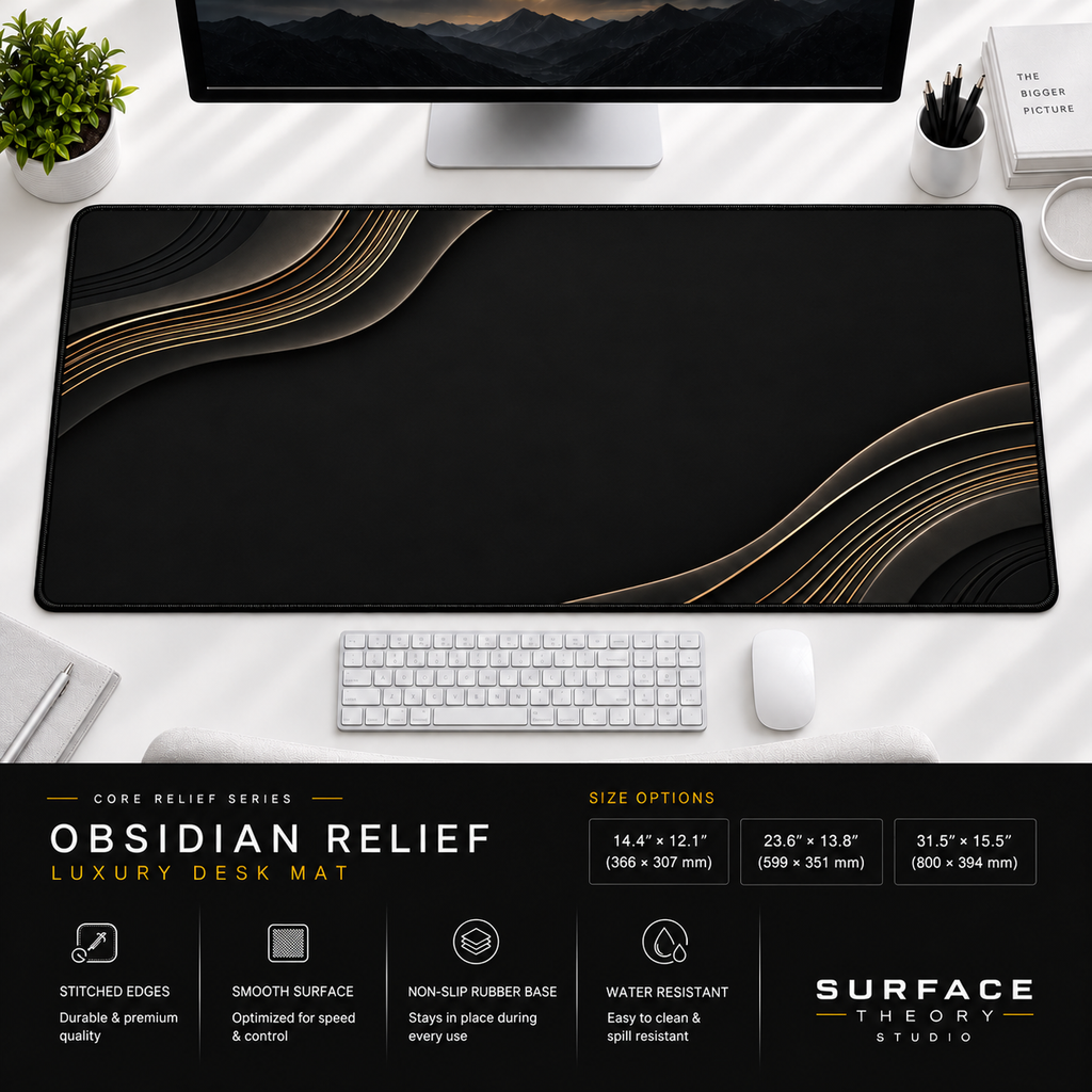 Obsidian Relief desk mat beneath a monitor on a bright desk with a white keyboard and mouse.