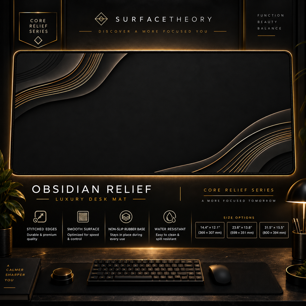 Obsidian Relief desk mat in a gold-toned showcase frame above a keyboard.