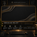 Obsidian Relief desk mat in a gold-toned showcase frame above a keyboard.