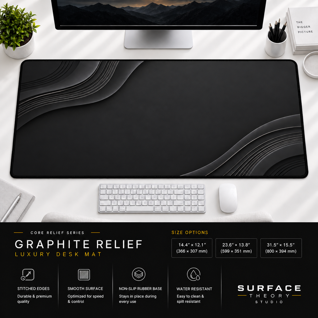 Graphite Relief desk mat beneath a monitor on a bright desk with a white keyboard and mouse.