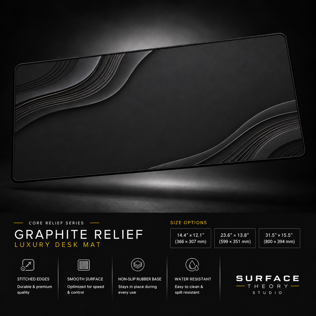 Graphite Relief desk mat floating against a dark studio background.