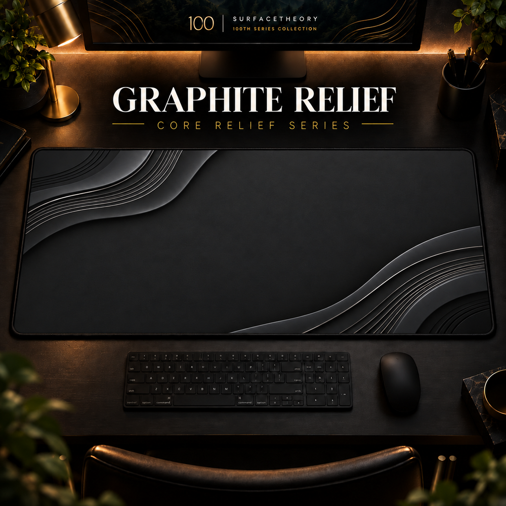 Graphite Relief desk mat in a warm, dark workspace.