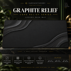 Graphite Relief desk mat on a studio display with size and product information.