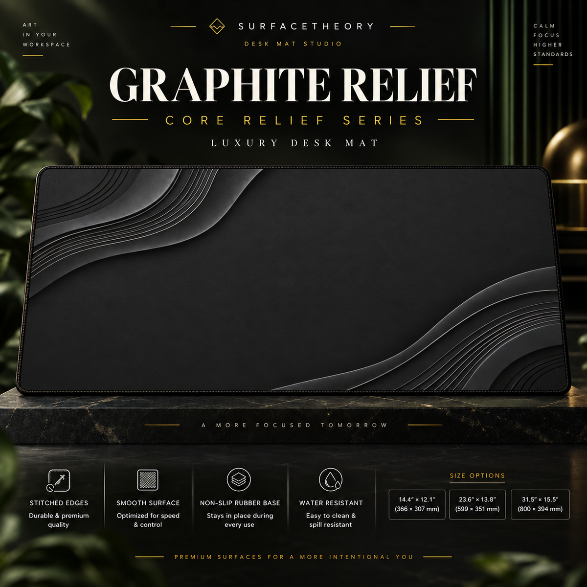 Graphite Relief desk mat on a studio display with size and product information.