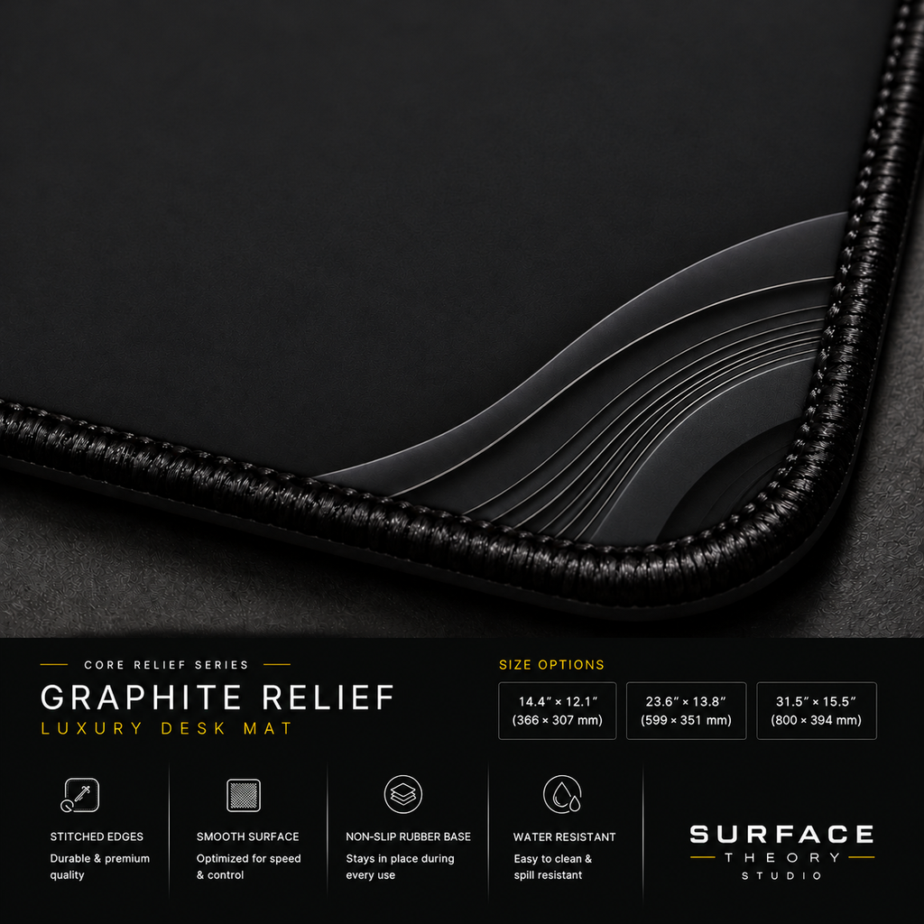 Close-up of Graphite Relief printed artwork and black stitched corner.