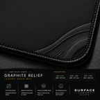 Close-up of Graphite Relief printed artwork and black stitched corner.