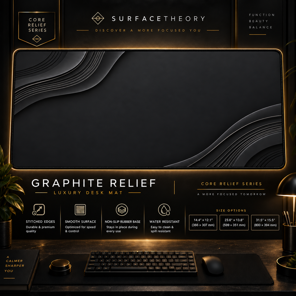 Graphite Relief desk mat in a gold-toned showcase frame above a keyboard.