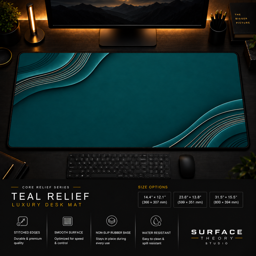 Teal Relief desk mat in a dark workstation with warm monitor lighting.