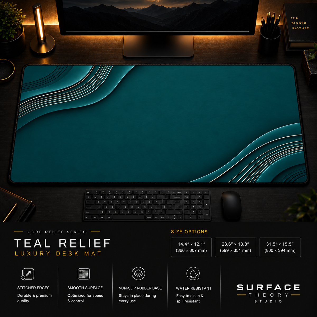Teal Relief desk mat in a dark workstation with warm monitor lighting.