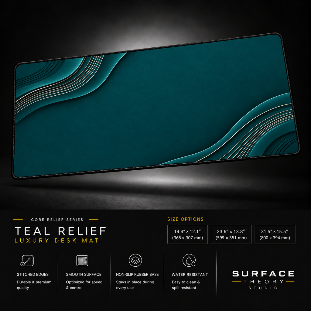 Teal Relief desk mat floating against a dark studio background.