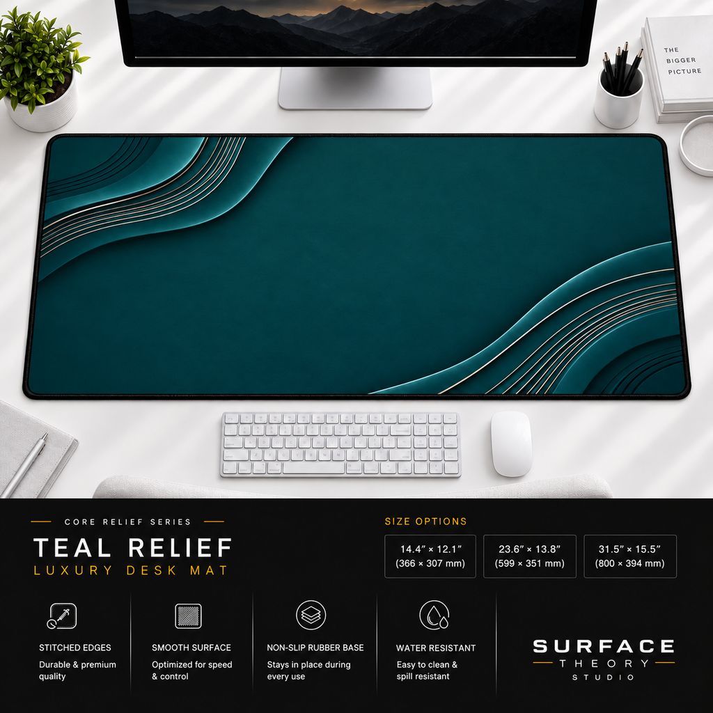 Teal Relief desk mat beneath a monitor on a bright desk with a white keyboard and mouse.