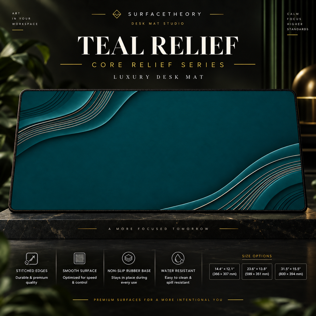 Teal Relief desk mat on a studio display with size and product information.