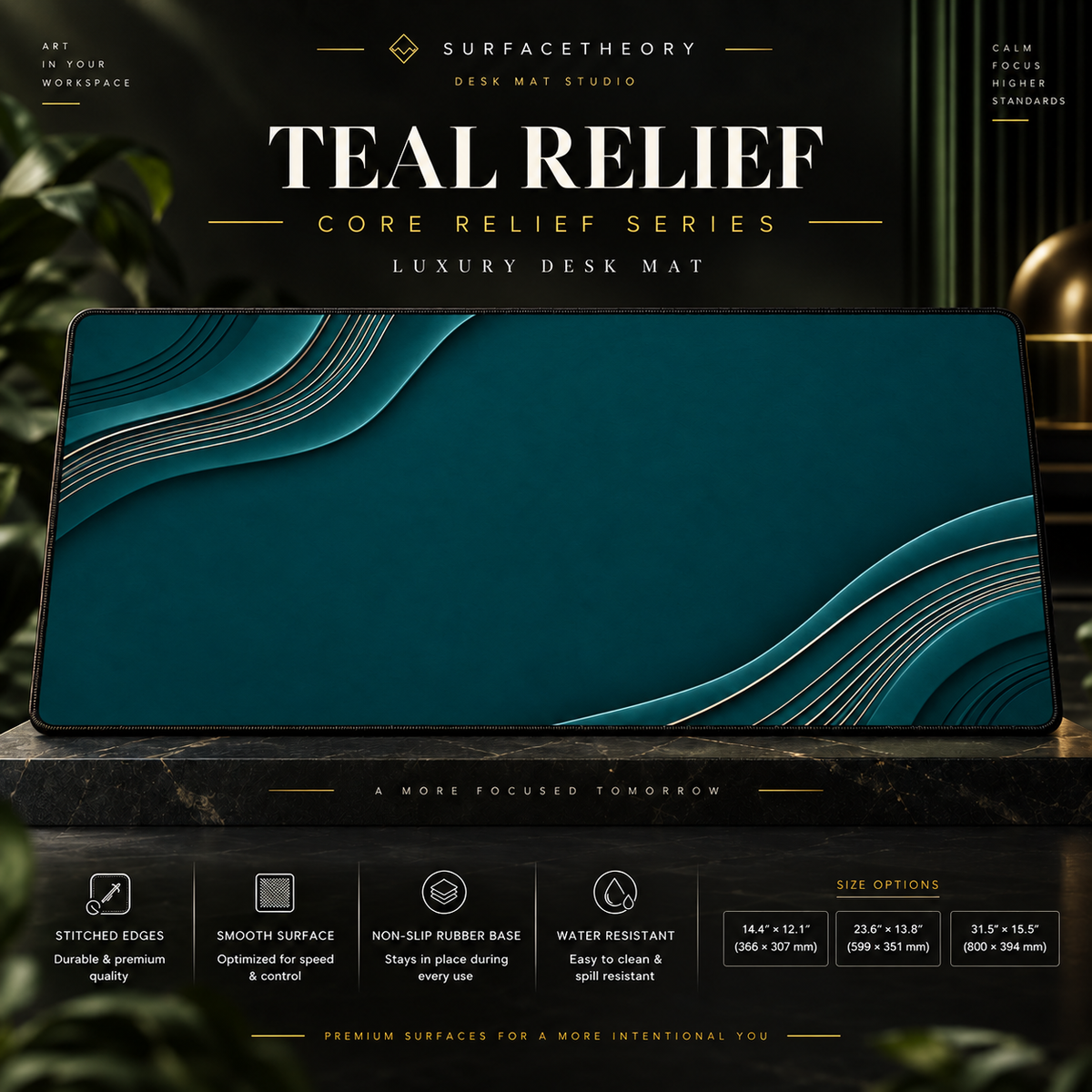 Teal Relief desk mat on a studio display with size and product information.