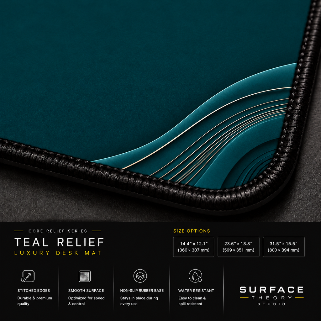 Close-up of Teal Relief printed artwork and black stitched corner.