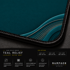 Close-up of Teal Relief printed artwork and black stitched corner.