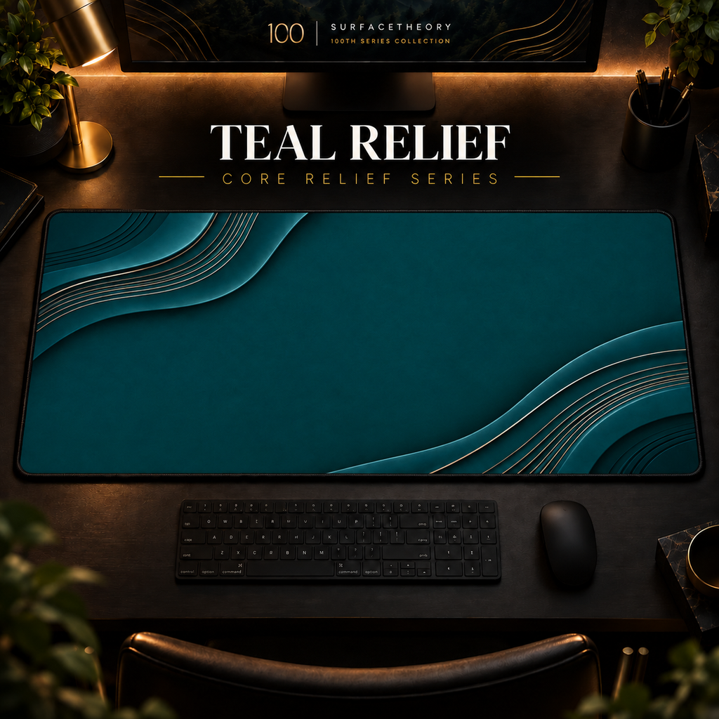 Teal Relief desk mat in a warm, dark workspace.