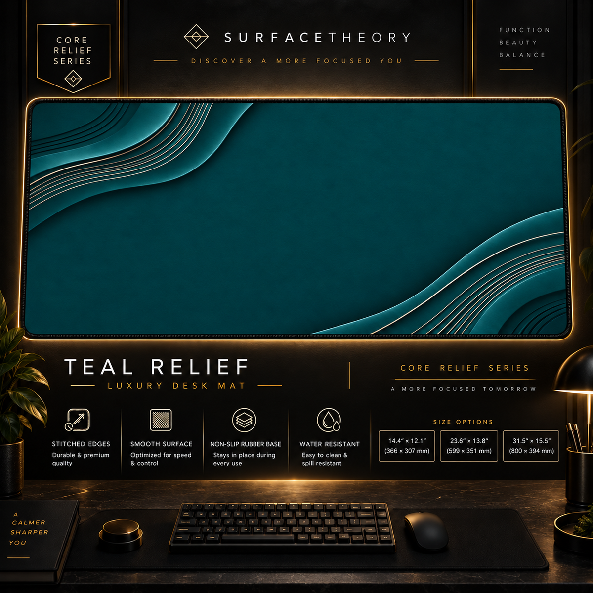 Teal Relief desk mat in a gold-toned showcase frame above a keyboard.