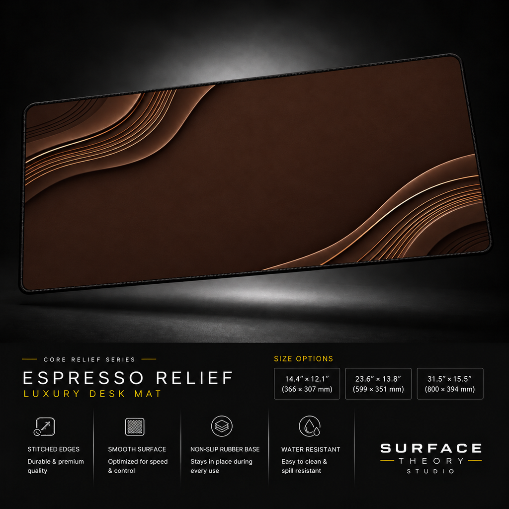 Espresso Relief desk mat floating against a dark studio background.