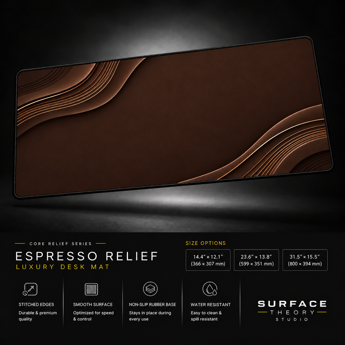 Espresso Relief desk mat floating against a dark studio background.