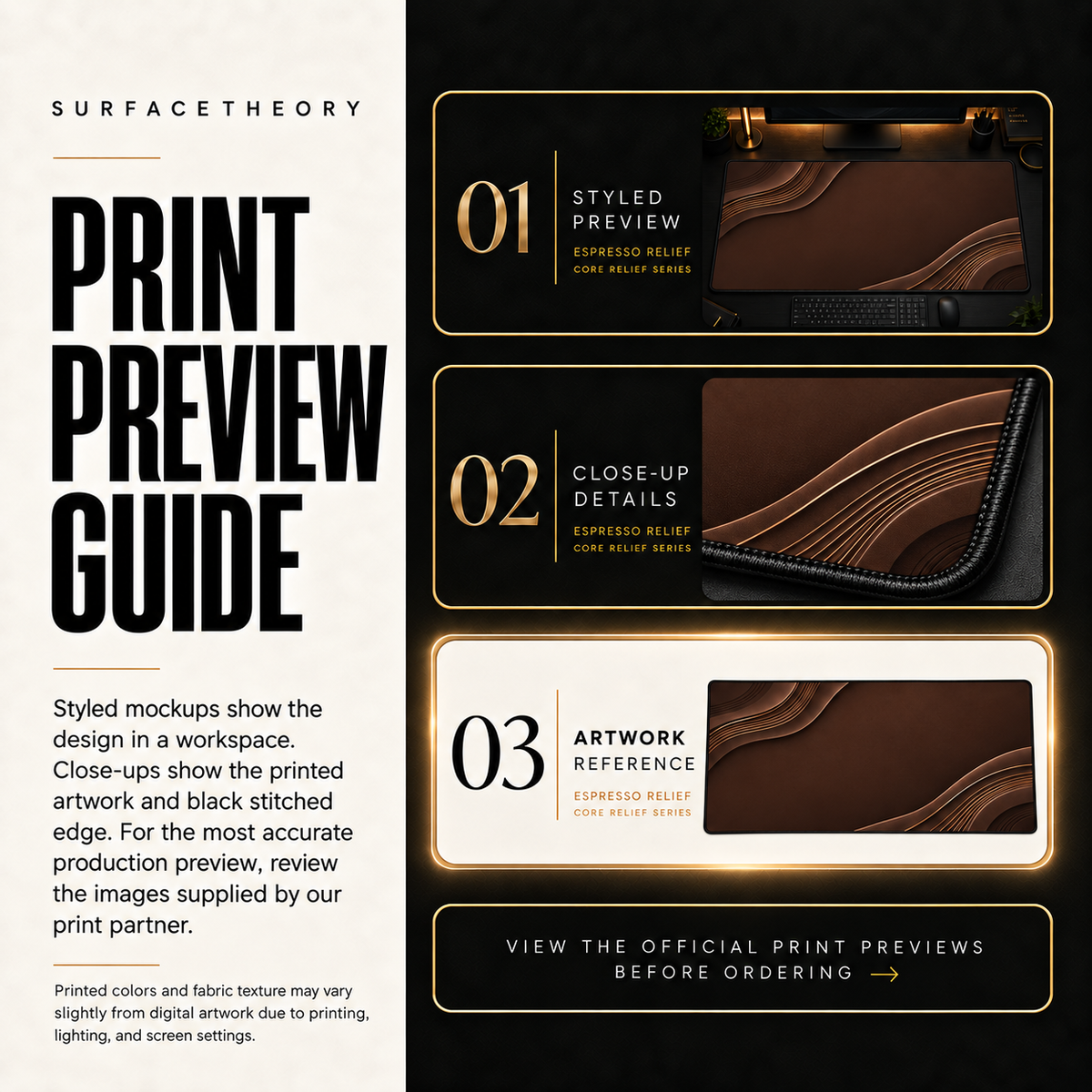 Espresso Relief print preview guide comparing styled presentation, close-up and artwork reference.