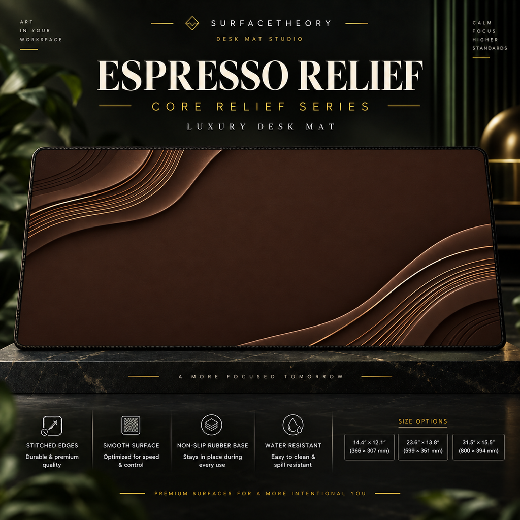 Espresso Relief desk mat on a studio display with size and product information.