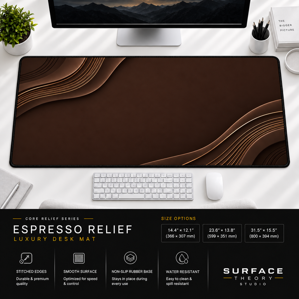 Espresso Relief desk mat beneath a monitor on a bright desk with a white keyboard and mouse.