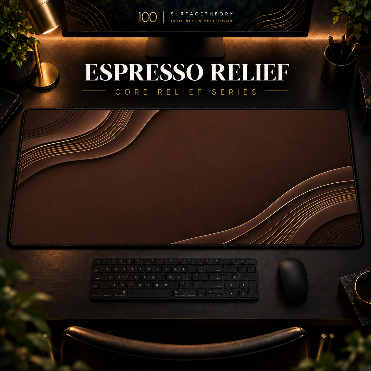Espresso Relief desk mat in a warm, dark workspace.