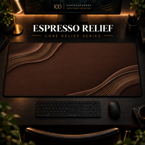 Espresso Relief desk mat in a warm, dark workspace.