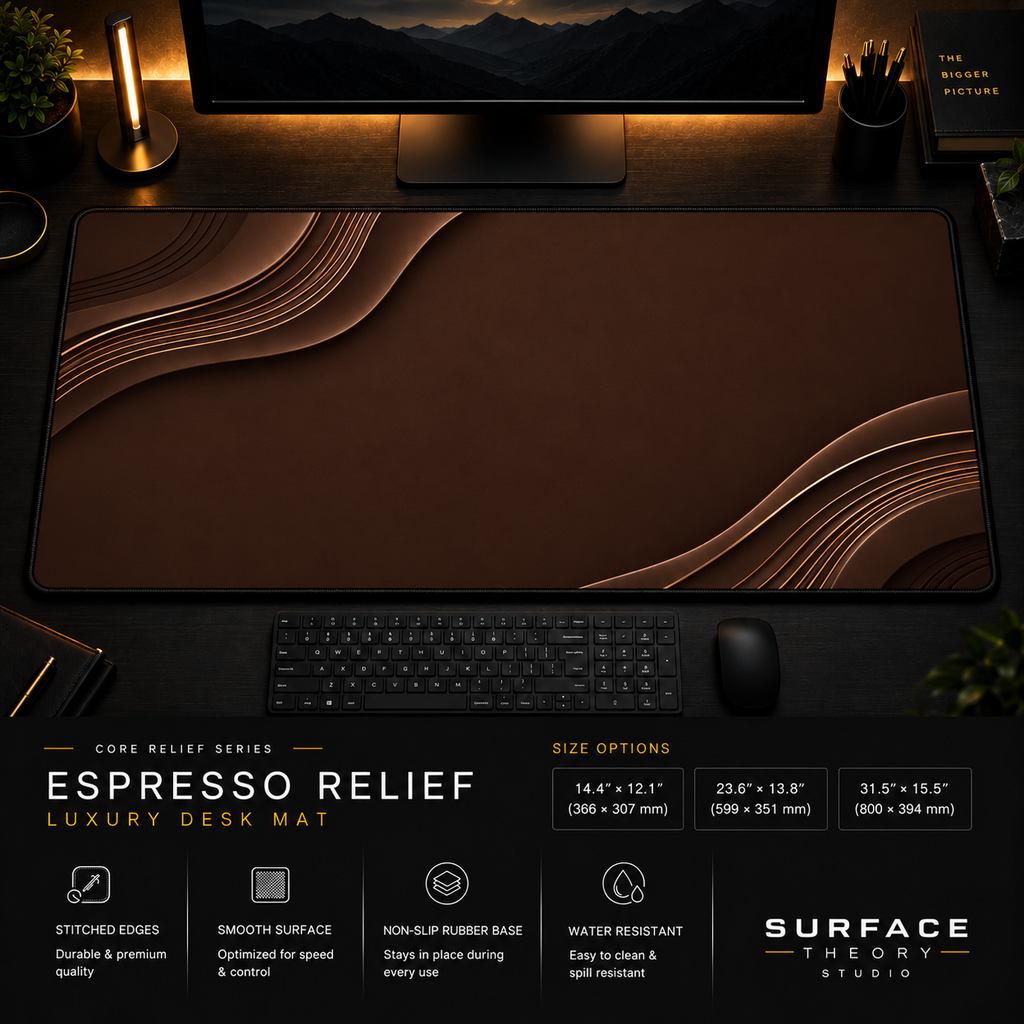 Espresso Relief desk mat in a dark workstation with warm monitor lighting.