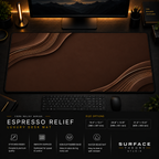 Espresso Relief desk mat in a dark workstation with warm monitor lighting.