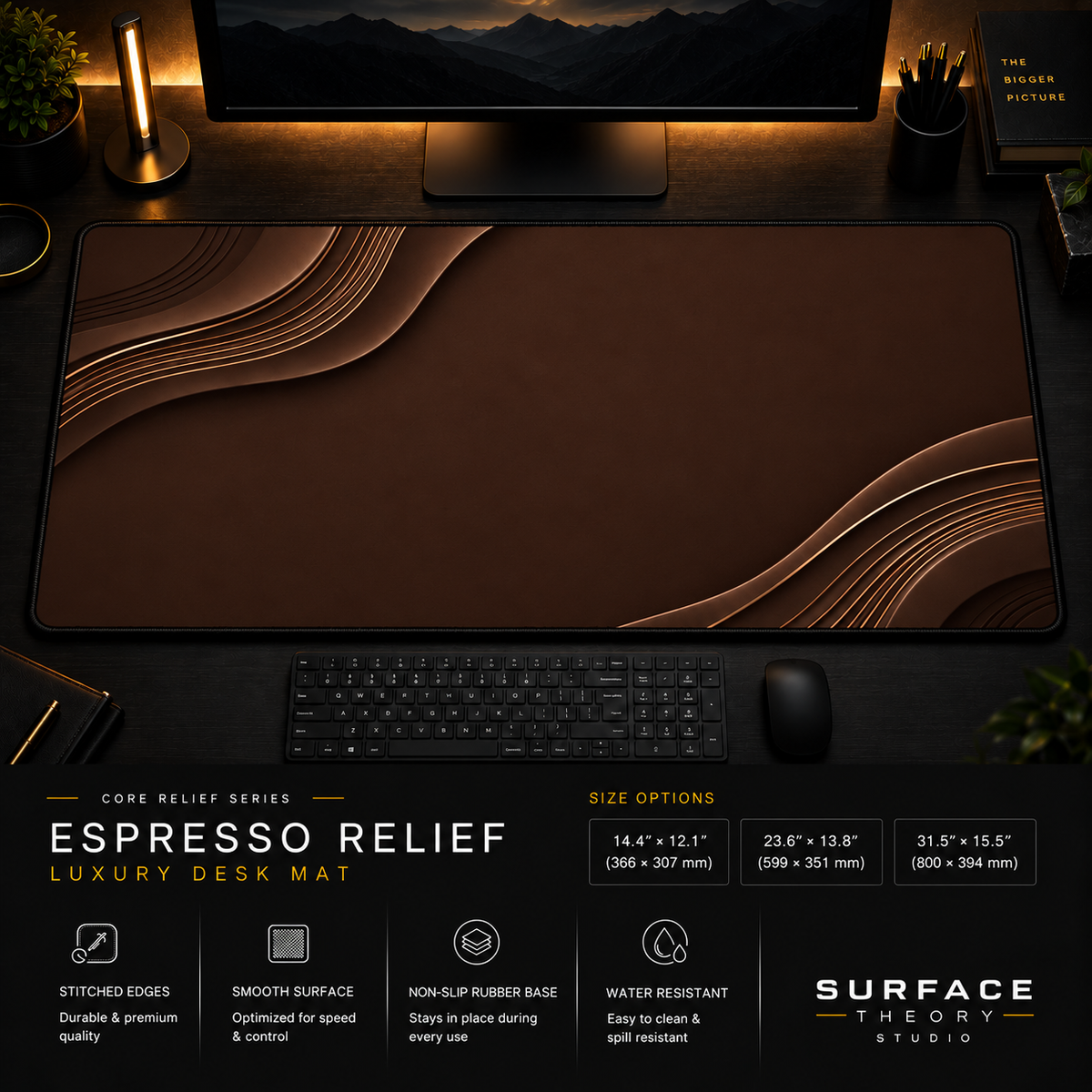 Espresso Relief desk mat in a dark workstation with warm monitor lighting.