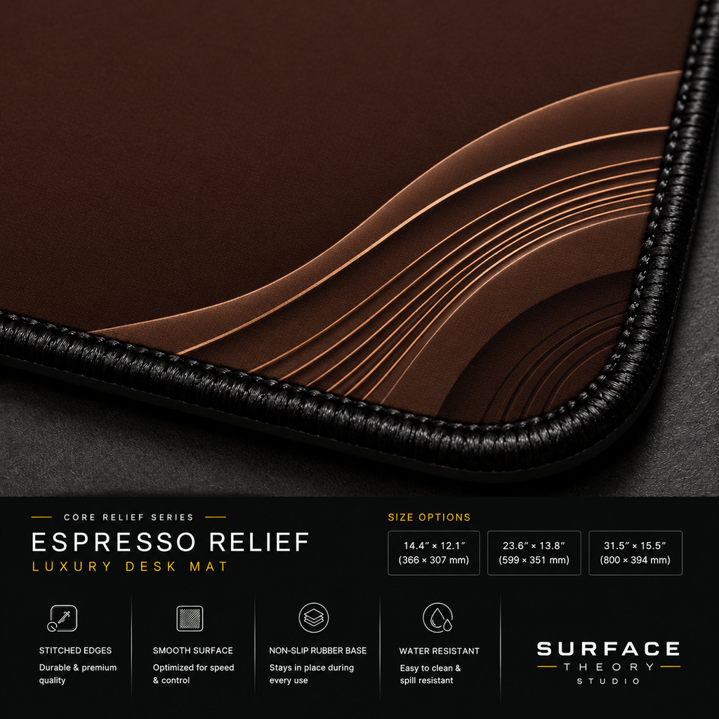 Close-up of Espresso Relief printed artwork and black stitched corner.
