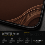Close-up of Espresso Relief printed artwork and black stitched corner.