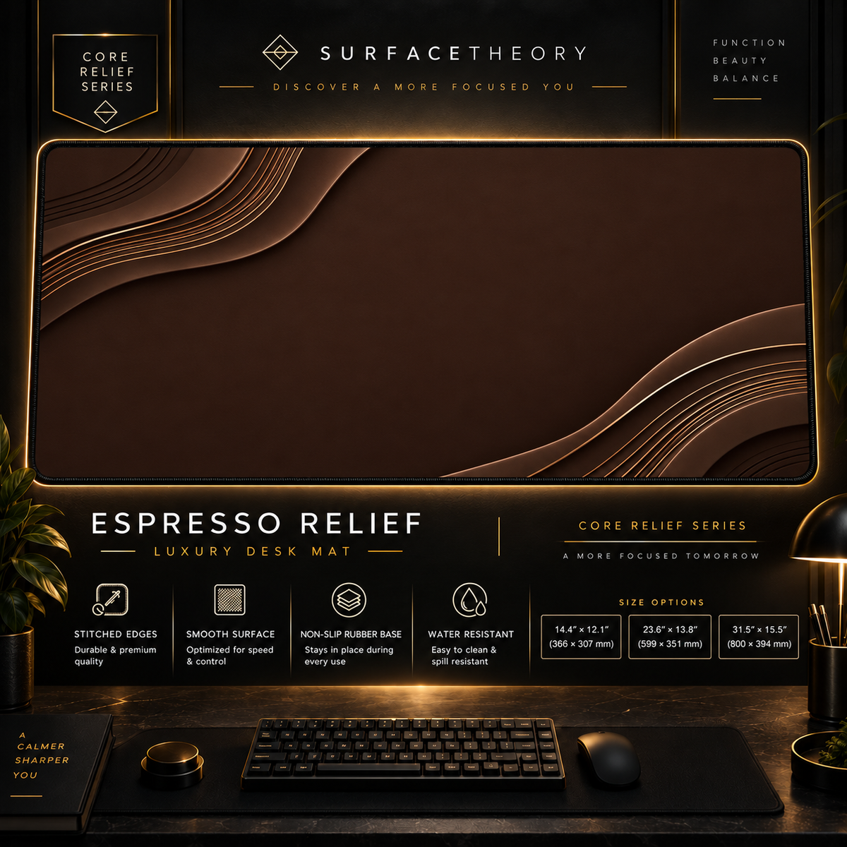 Espresso Relief desk mat in a gold-toned showcase frame above a keyboard.