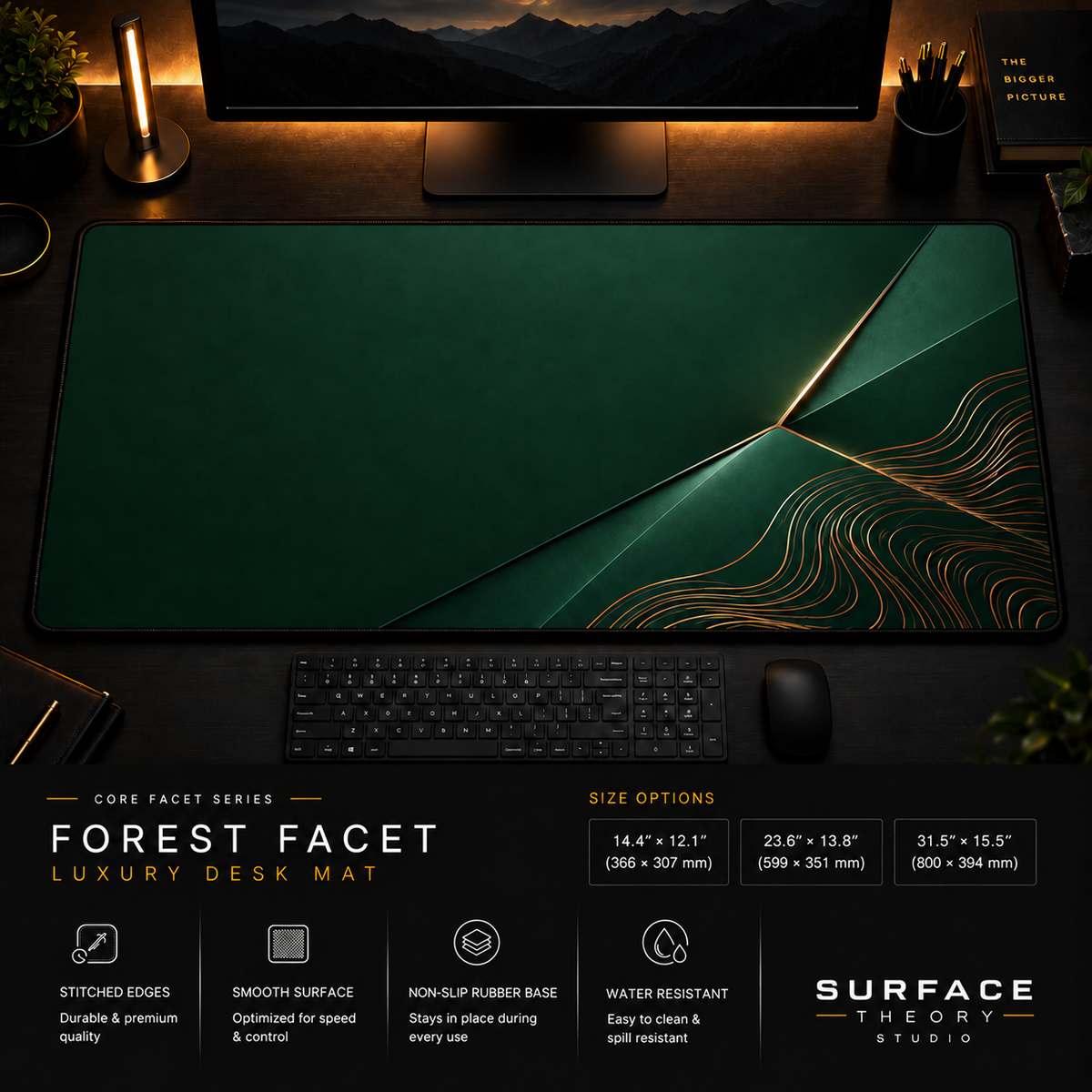 Forest Facet desk mat in a dark workstation with warm monitor lighting.