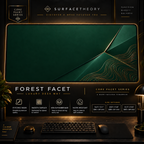 Forest Facet desk mat in a gold-toned showcase frame above a keyboard.