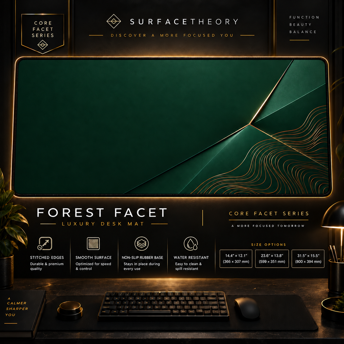 Forest Facet desk mat in a gold-toned showcase frame above a keyboard.