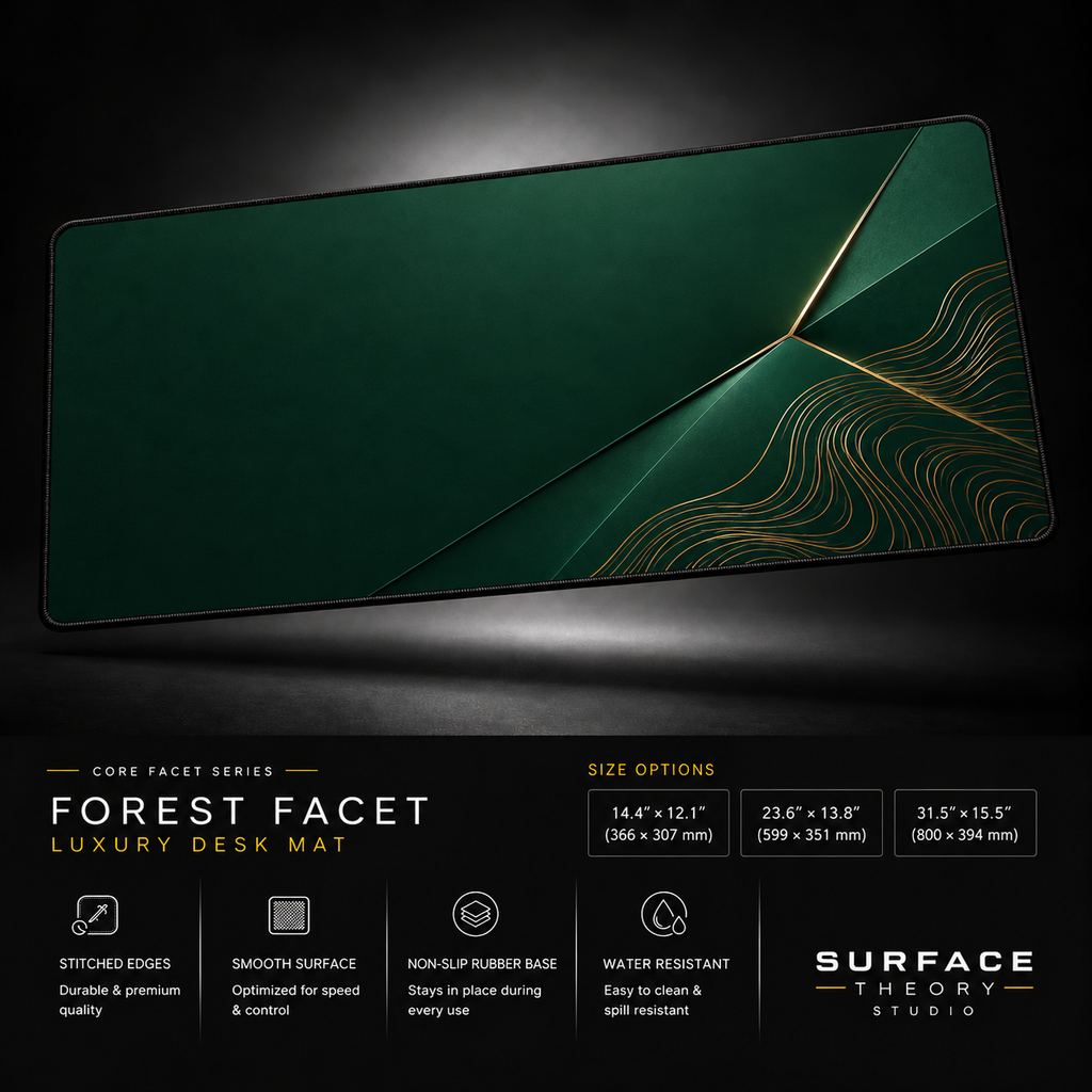 Forest Facet desk mat floating against a dark studio background.