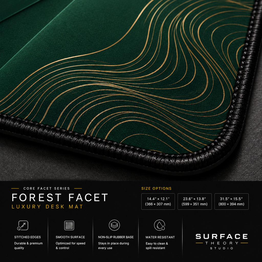 Close-up of Forest Facet printed artwork and black stitched corner.