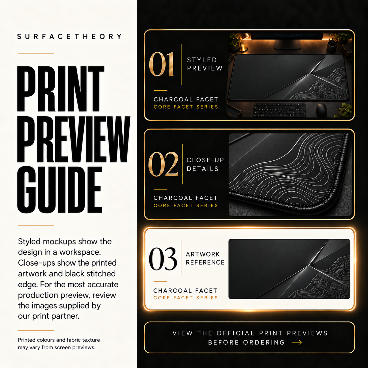 Charcoal Facet print preview guide comparing styled presentation, close-up and artwork reference.