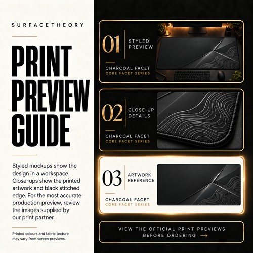 Charcoal Facet print preview guide comparing styled presentation, close-up and artwork reference.