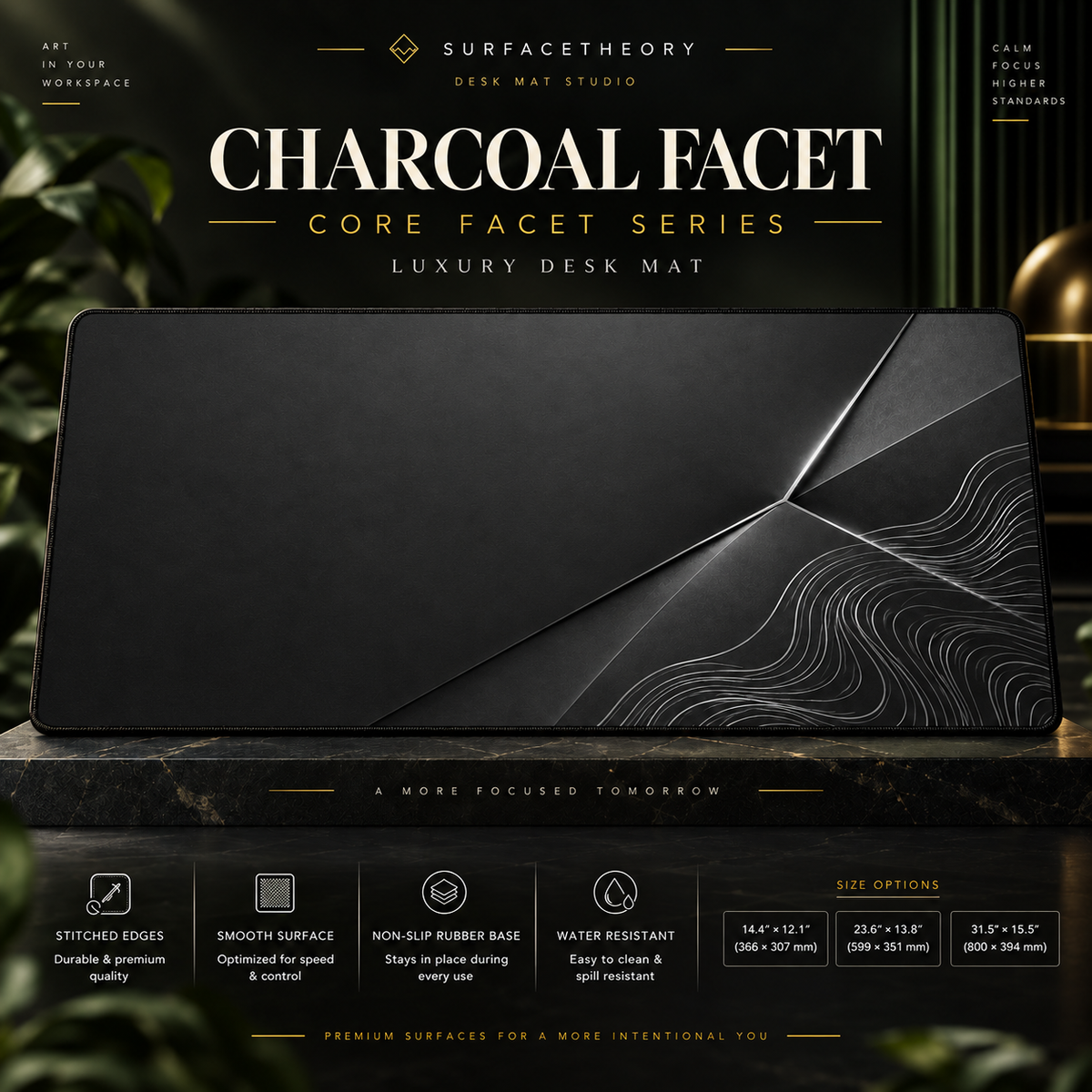 Charcoal Facet desk mat on a studio display with size and product information.