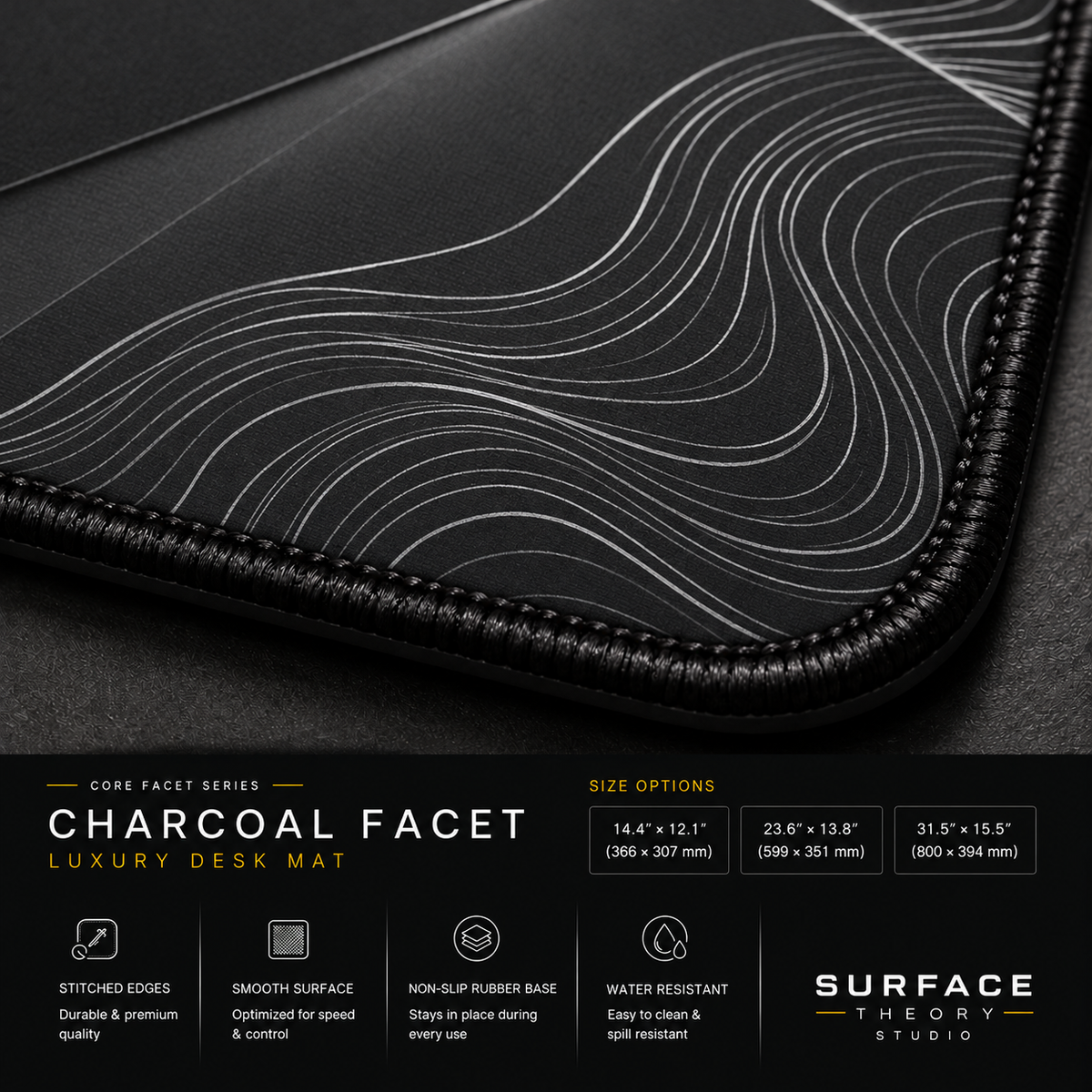 Close-up of Charcoal Facet printed artwork and black stitched corner.