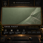Sage Facet desk mat in a gold-toned showcase frame above a keyboard.