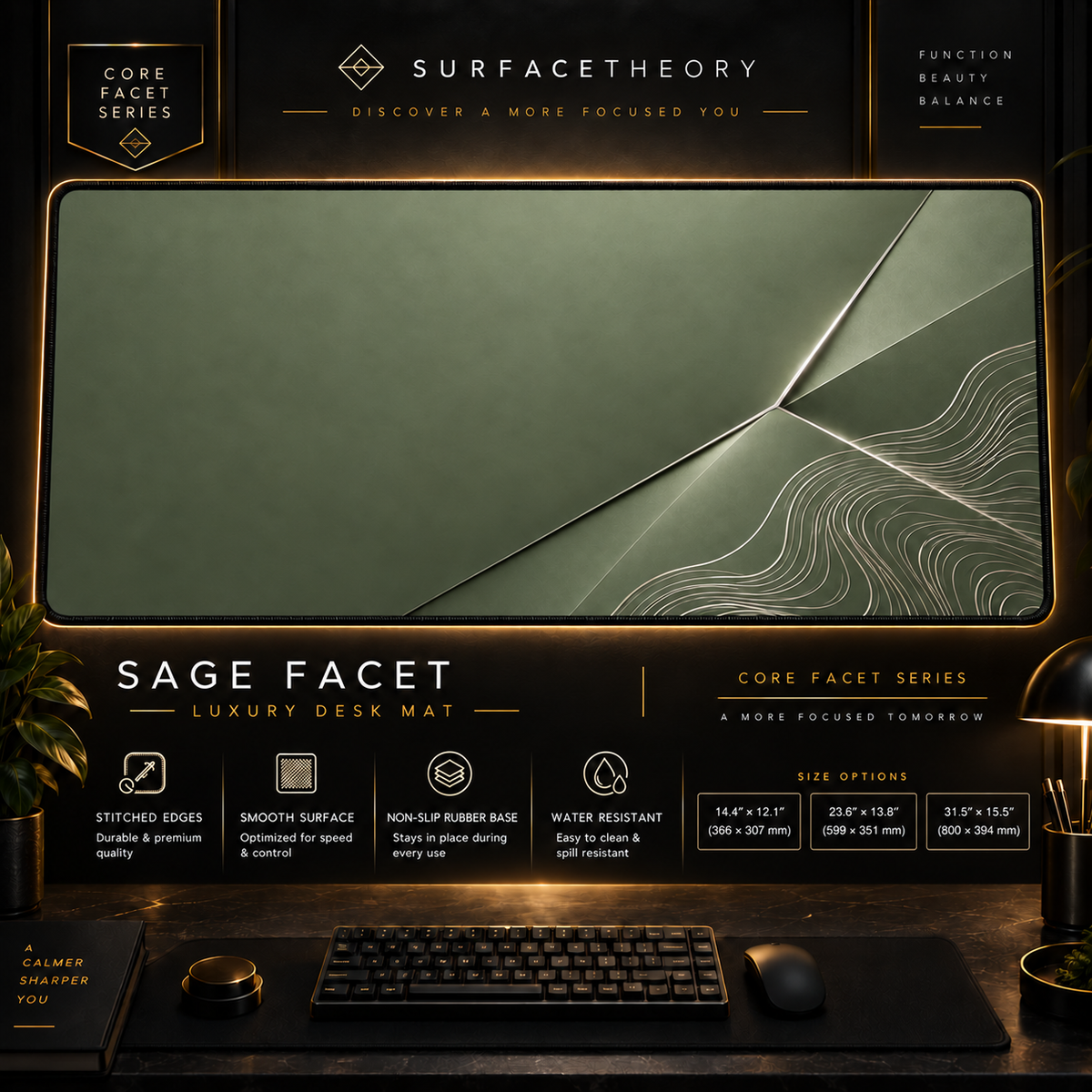 Sage Facet desk mat in a gold-toned showcase frame above a keyboard.