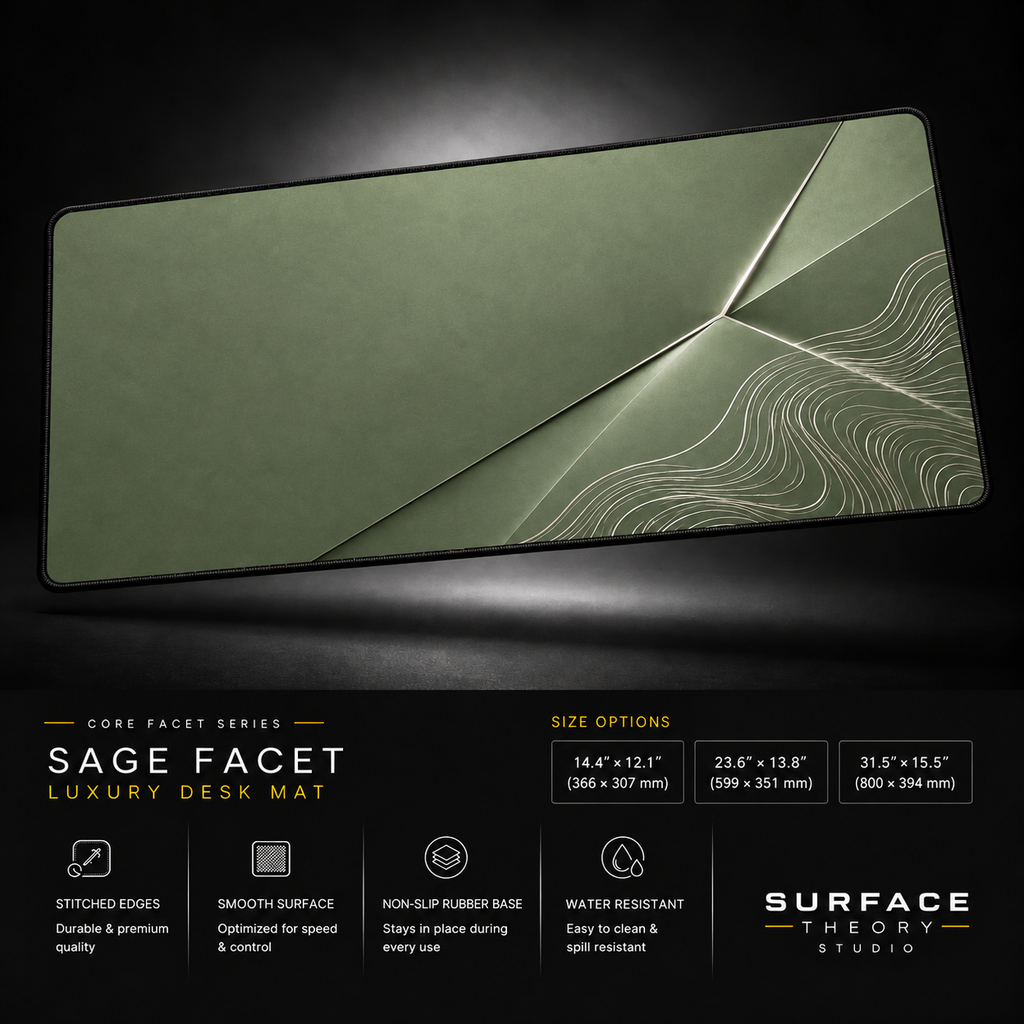 Sage Facet desk mat floating against a dark studio background.