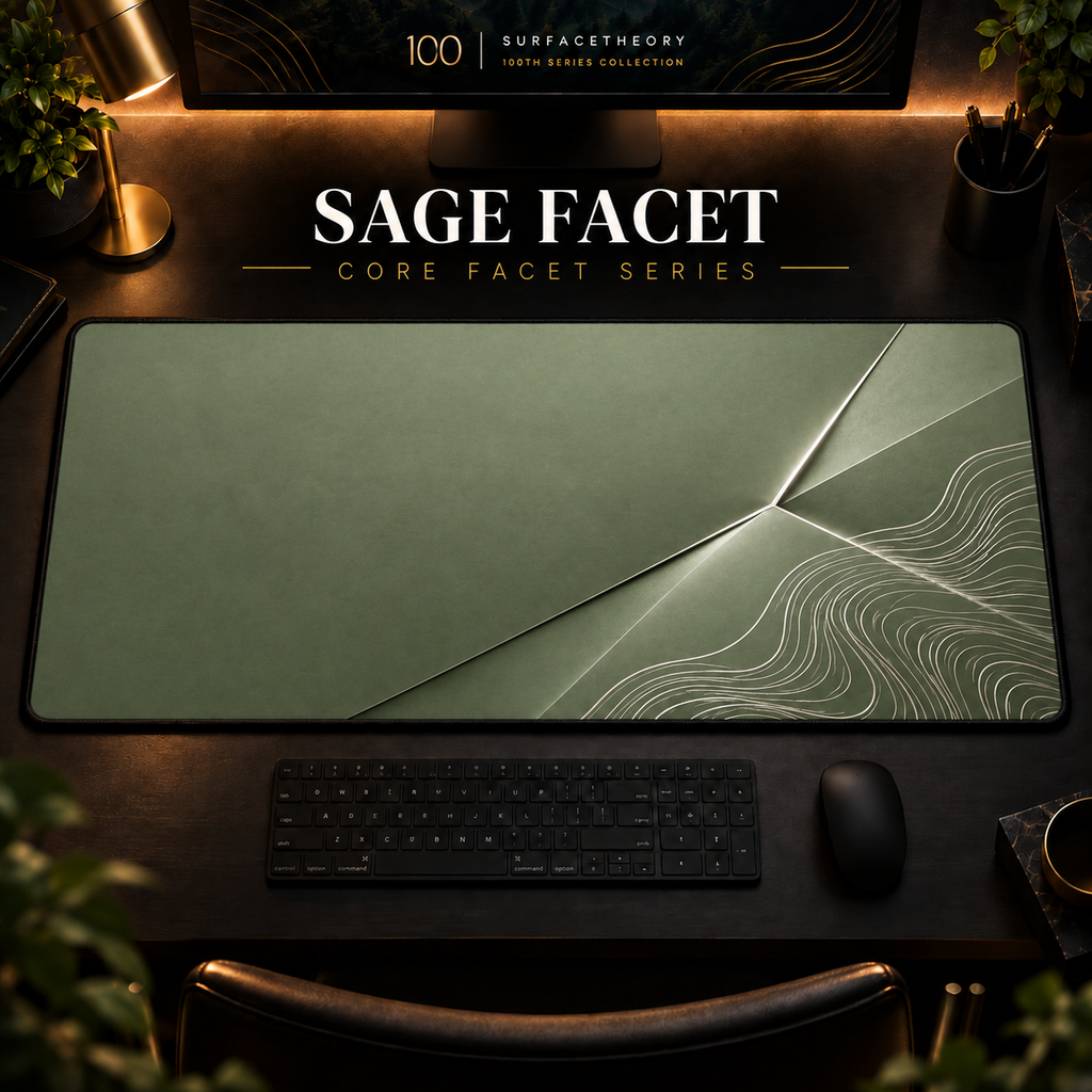 Sage Facet desk mat in a warm, dark workspace.