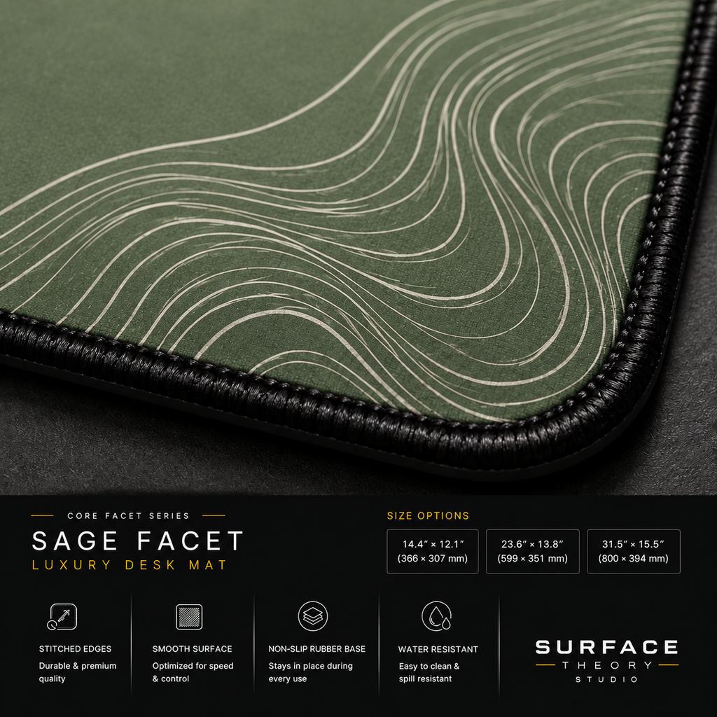 Close-up of Sage Facet printed artwork and black stitched corner.